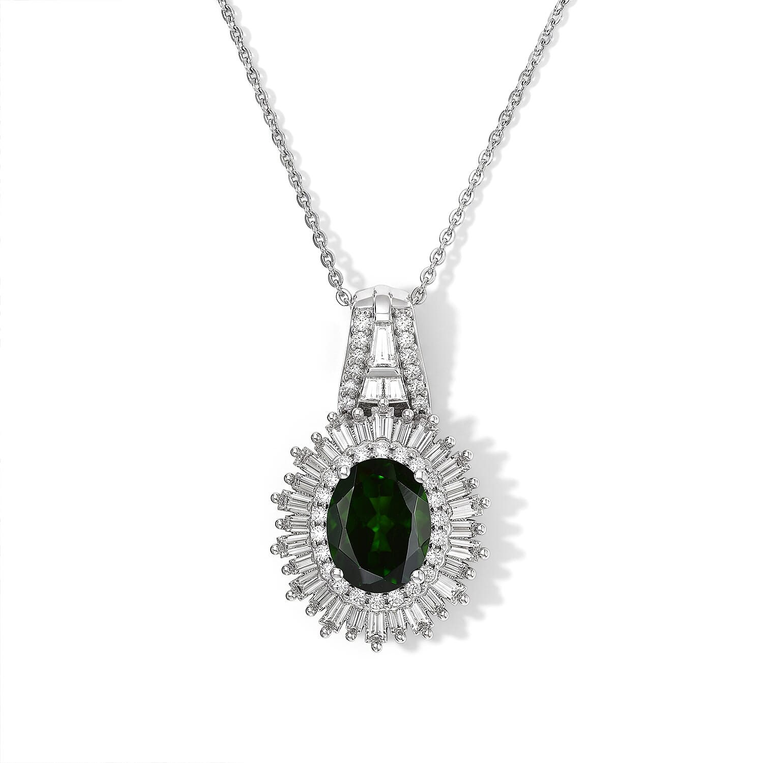 D'Joy Premium Chrome Diopside and Moissanite 3.00 ctw Sunburst Halo Pendant Necklace in Rhodium Over Sterling Silver 20 Inches