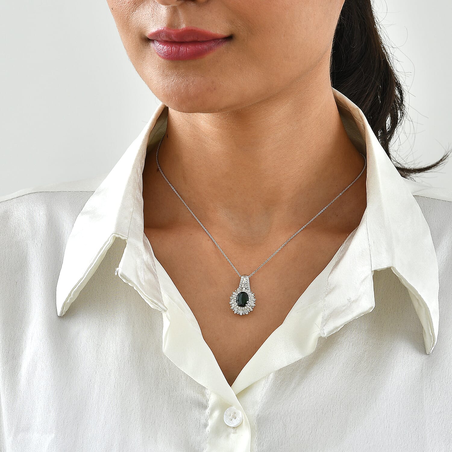 D'Joy Premium Chrome Diopside and Moissanite 3.00 ctw Sunburst Halo Pendant Necklace in Rhodium Over Sterling Silver 20 Inches