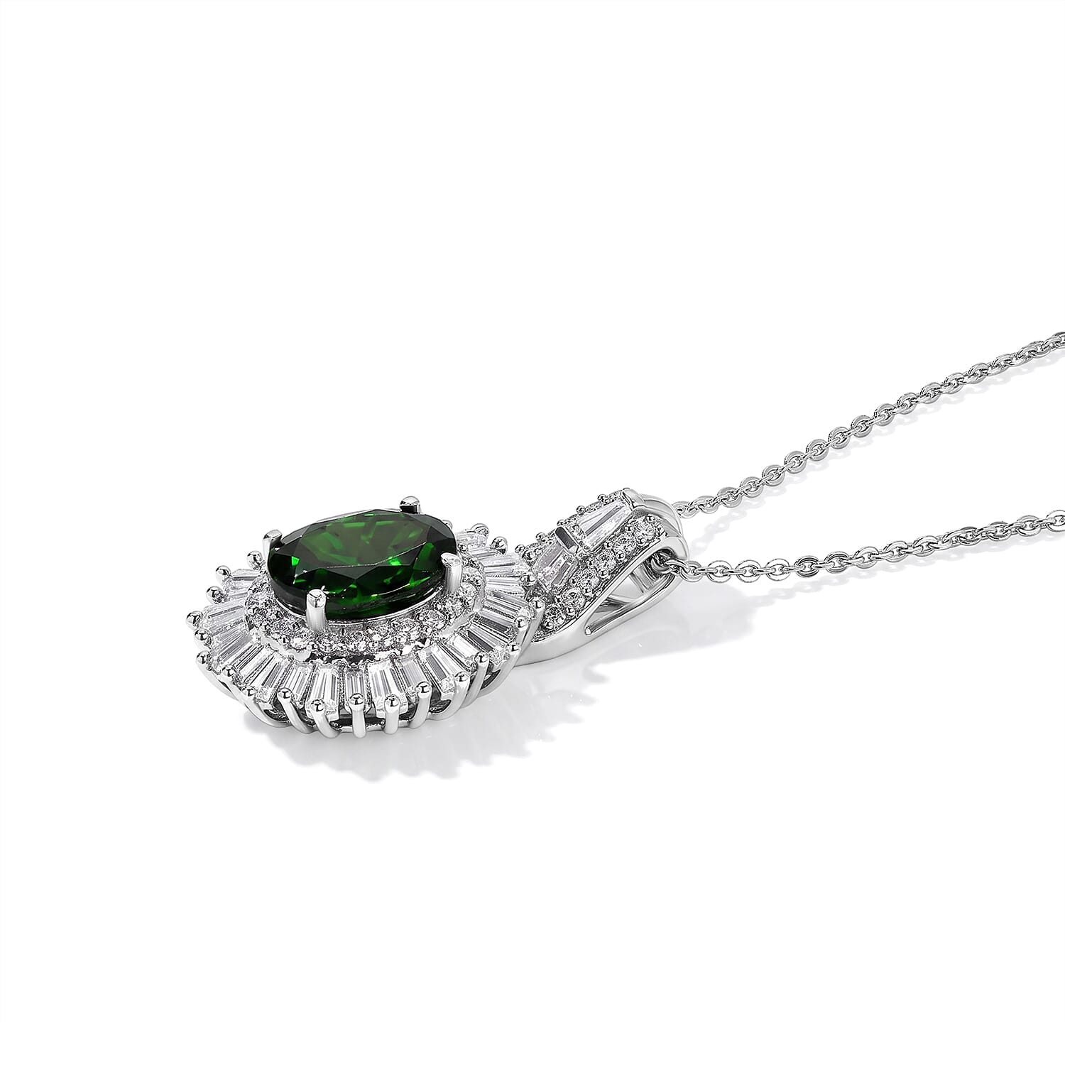 D'Joy Premium Chrome Diopside and Moissanite 3.00 ctw Sunburst Halo Pendant Necklace in Rhodium Over Sterling Silver 20 Inches