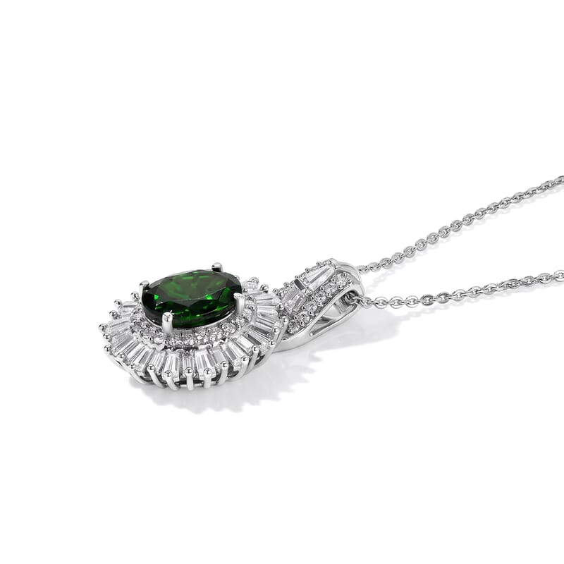 D'Joy Premium Chrome Diopside and Moissanite 3.00 ctw Sunburst Halo Pendant Necklace in Rhodium Over Sterling Silver 20 Inches