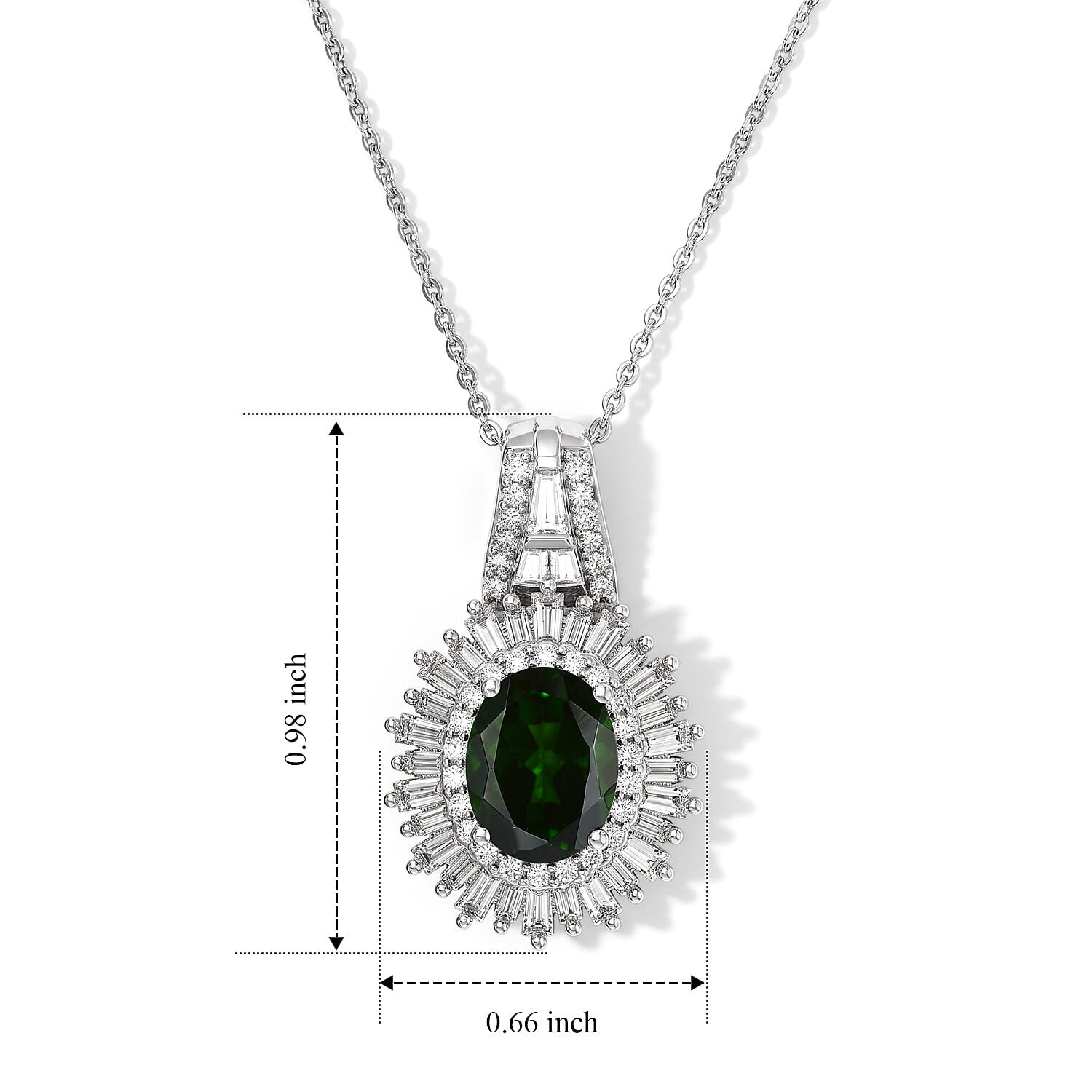 D'Joy Premium Chrome Diopside and Moissanite 3.00 ctw Sunburst Halo Pendant Necklace in Rhodium Over Sterling Silver 20 Inches