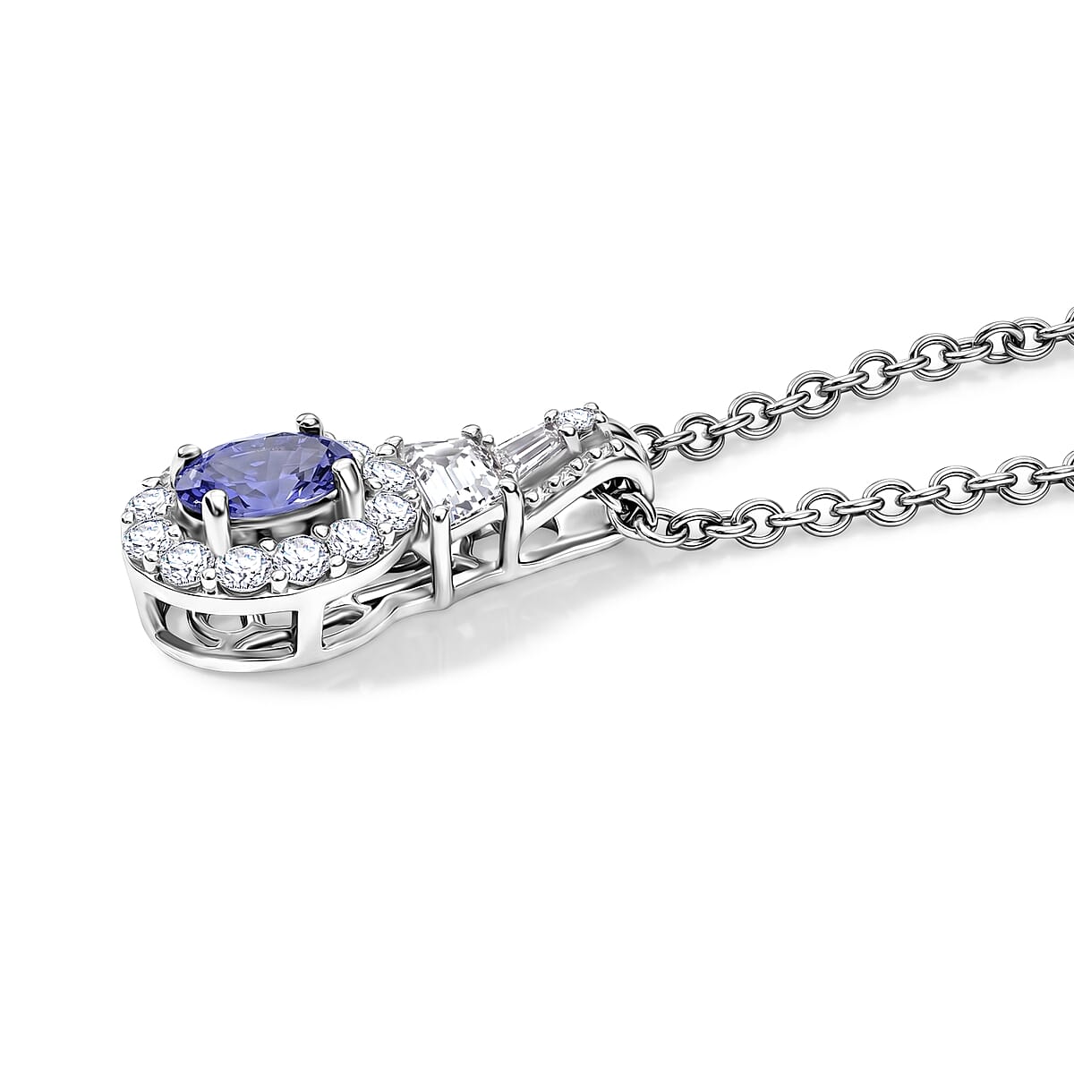 D'Joy Tanzanite and White Zircon 1.15 ctw Vintage Medallion Collection Pendant in Rhodium Over Sterling Silver with Stainless Steel Necklace (20 Inches) image number 3