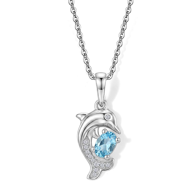 D'Joy Premium Betroka Blue Apatite and White Zircon Fish 0.75 ctw Dolphin Pendant Necklace (20 Inches) in Rhodium Over Sterling Silver