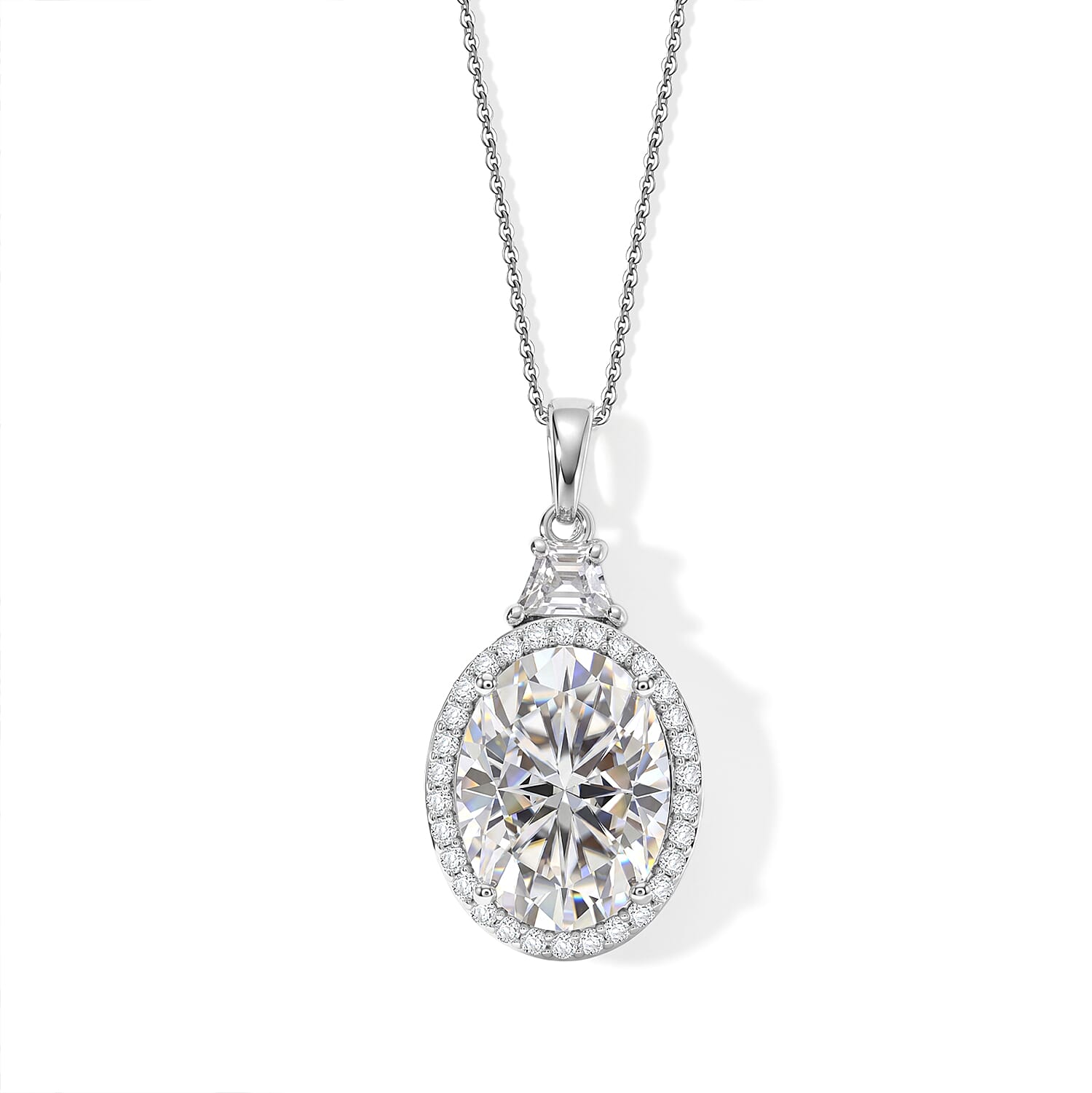 D'Joy Moissanite (Ovl 16x12mm) Halo Pendant Necklace (20 Inches) in Rhodium Over Sterling Silver 10.40 ctw
