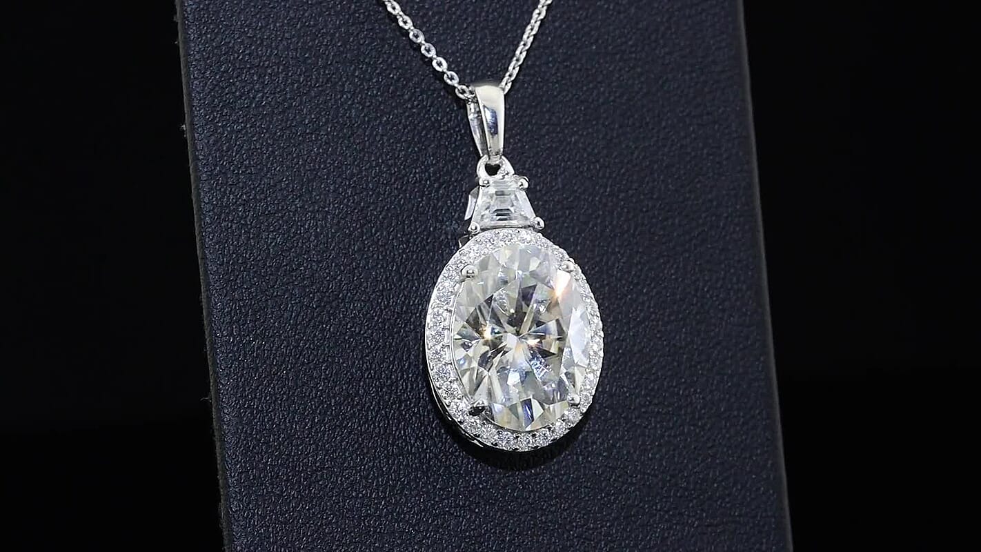 D'Joy Moissanite (Ovl 16x12mm) Halo Pendant Necklace (20 Inches) in Rhodium Over Sterling Silver 10.40 ctw