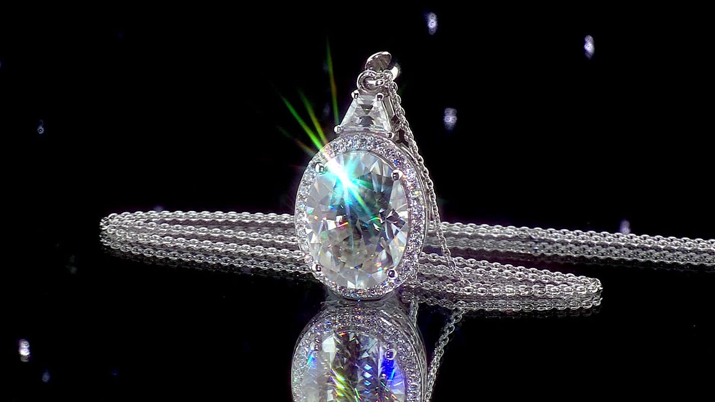 D'Joy Moissanite (Ovl 16x12mm) Halo Pendant Necklace (20 Inches) in Rhodium Over Sterling Silver 10.40 ctw