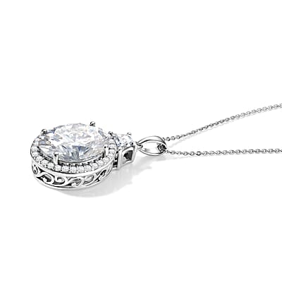 D'Joy Moissanite 10.40 ctw Halo Pendant Necklace in Rhodium Over Sterling Silver 20 Inches