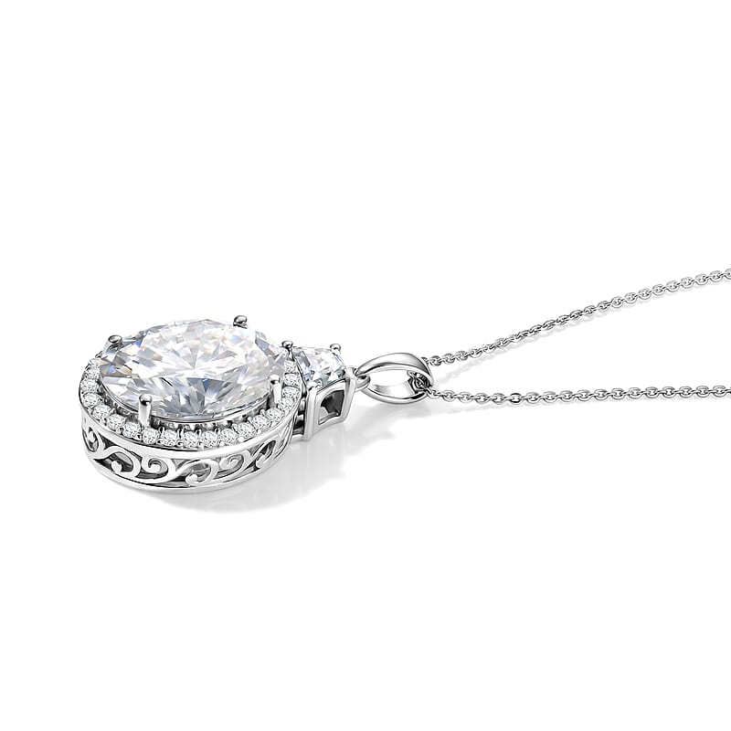 D'Joy Moissanite 10.40 ctw Halo Pendant Necklace (20 Inches) in Rhodium Over Sterling Silver