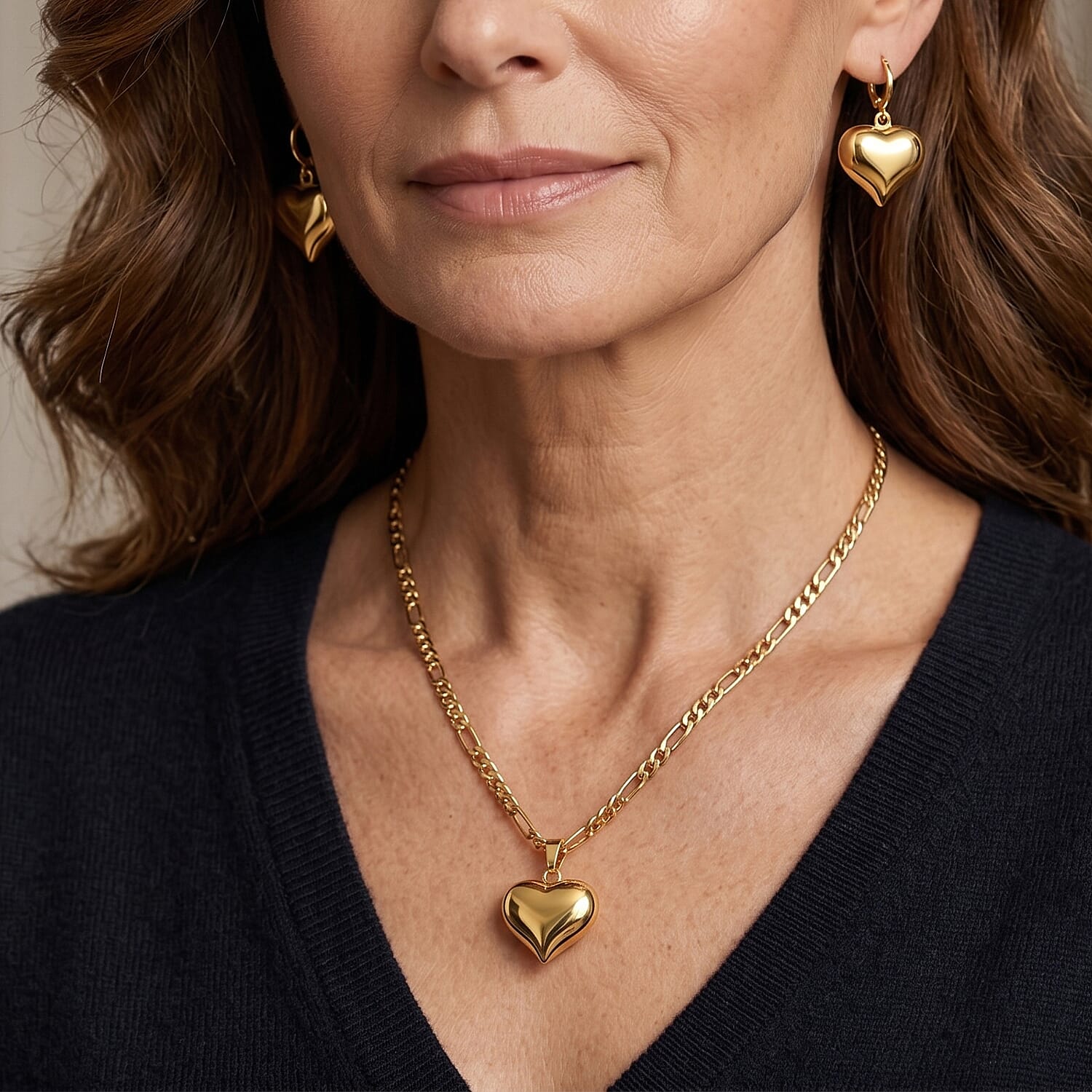 Heart Necklace (17.50 Inches) and Earrings in Goldtone