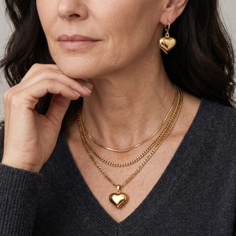 Heart Necklace (17.50 Inches) and Earrings in Goldtone