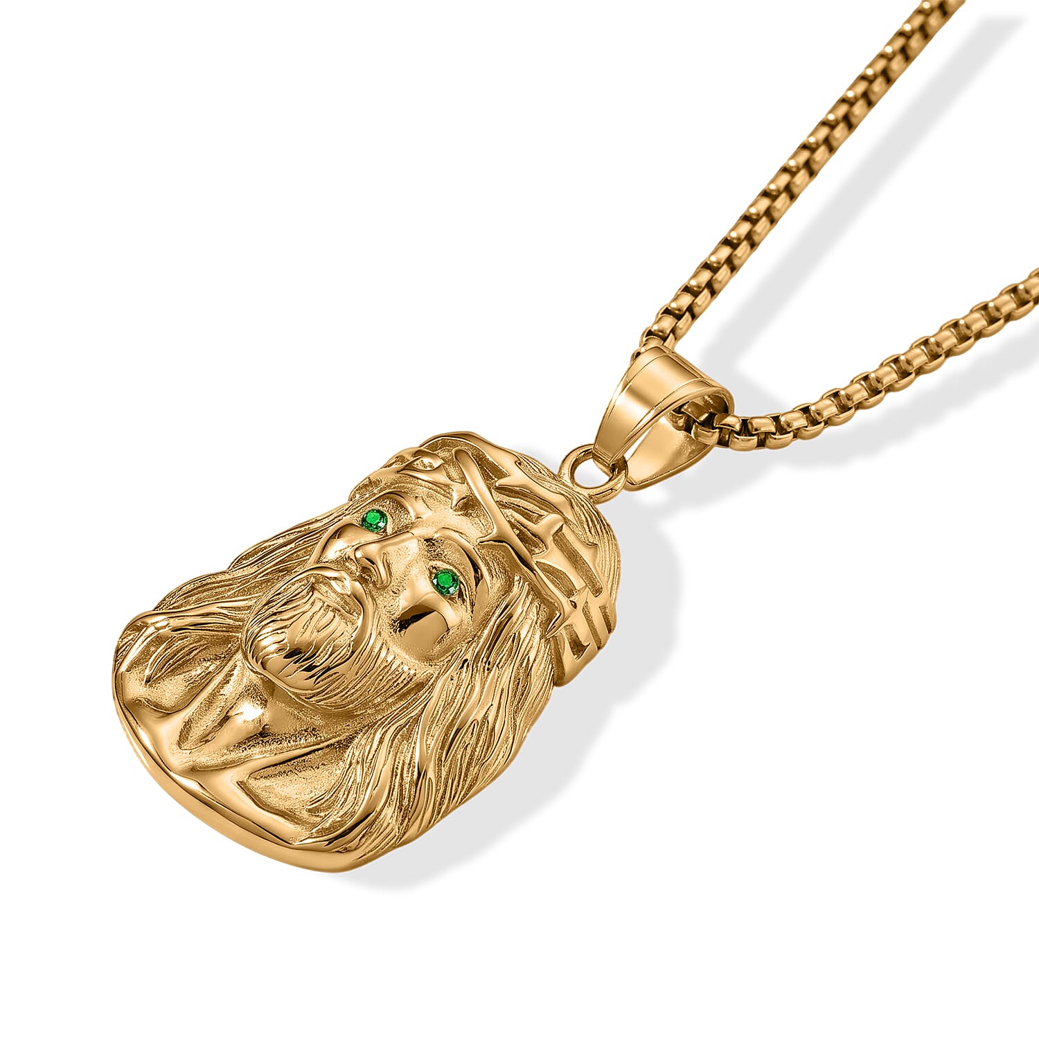 Green Austrian Crystal Lion Pendant Necklace (24 Inches) in ION Plated YG Stainless Steel
