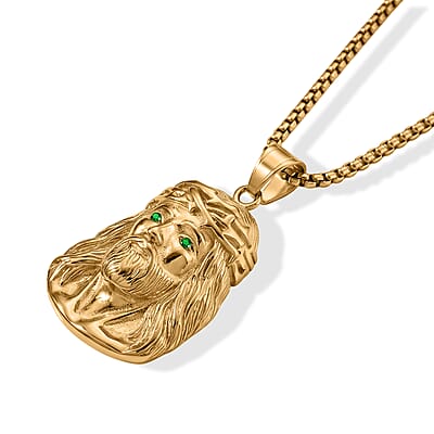 Green Austrian Crystal Lion Pendant Necklace (24 Inches) in ION Plated YG Stainless Steel