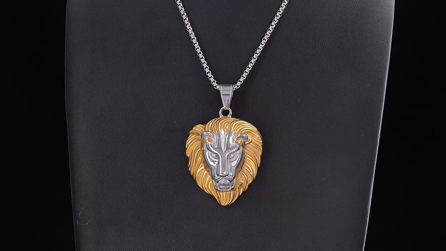 Austrian Crystal Lion Pendant Necklace (24 Inches) in ION Plated YG and Stainless Steel