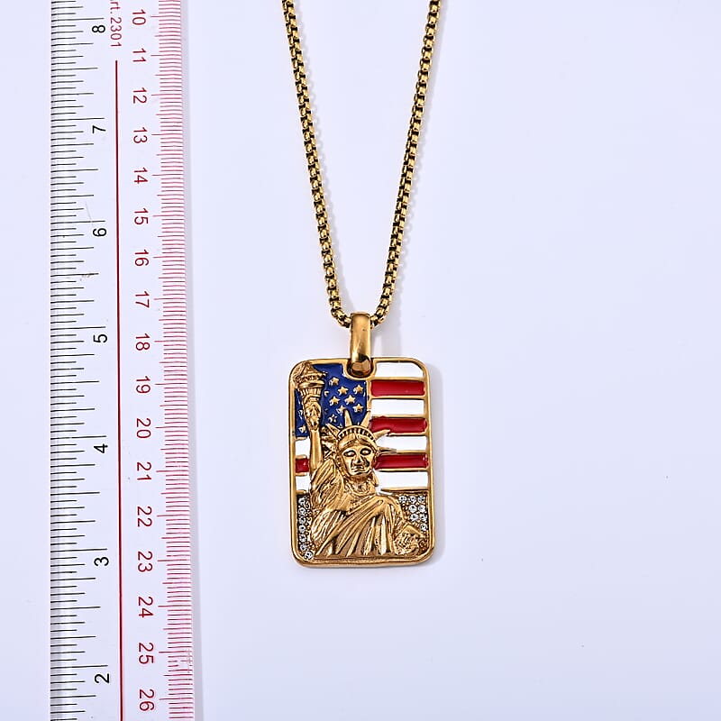 Enamel and Austrian Crystal American Flag Pendant Necklace in ION Plated YG Stainless Steel 24 Inches