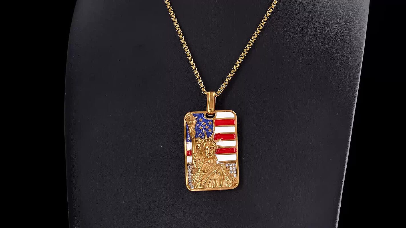 Enamel and Austrian Crystal American Flag Pendant Necklace (24 Inches) in ION Plated YG Stainless Steel