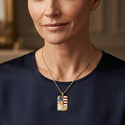 Enamel and Austrian Crystal Statue of Liberty with Statue of Liberty American Flag Pendant Necklace in ION Plated YG Stainless Steel 24 Inches