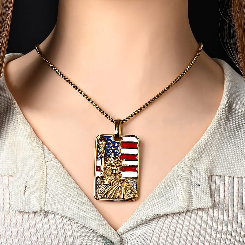 Enamel and Austrian Crystal American Flag Pendant Necklace in ION Plated YG Stainless Steel 24 Inches