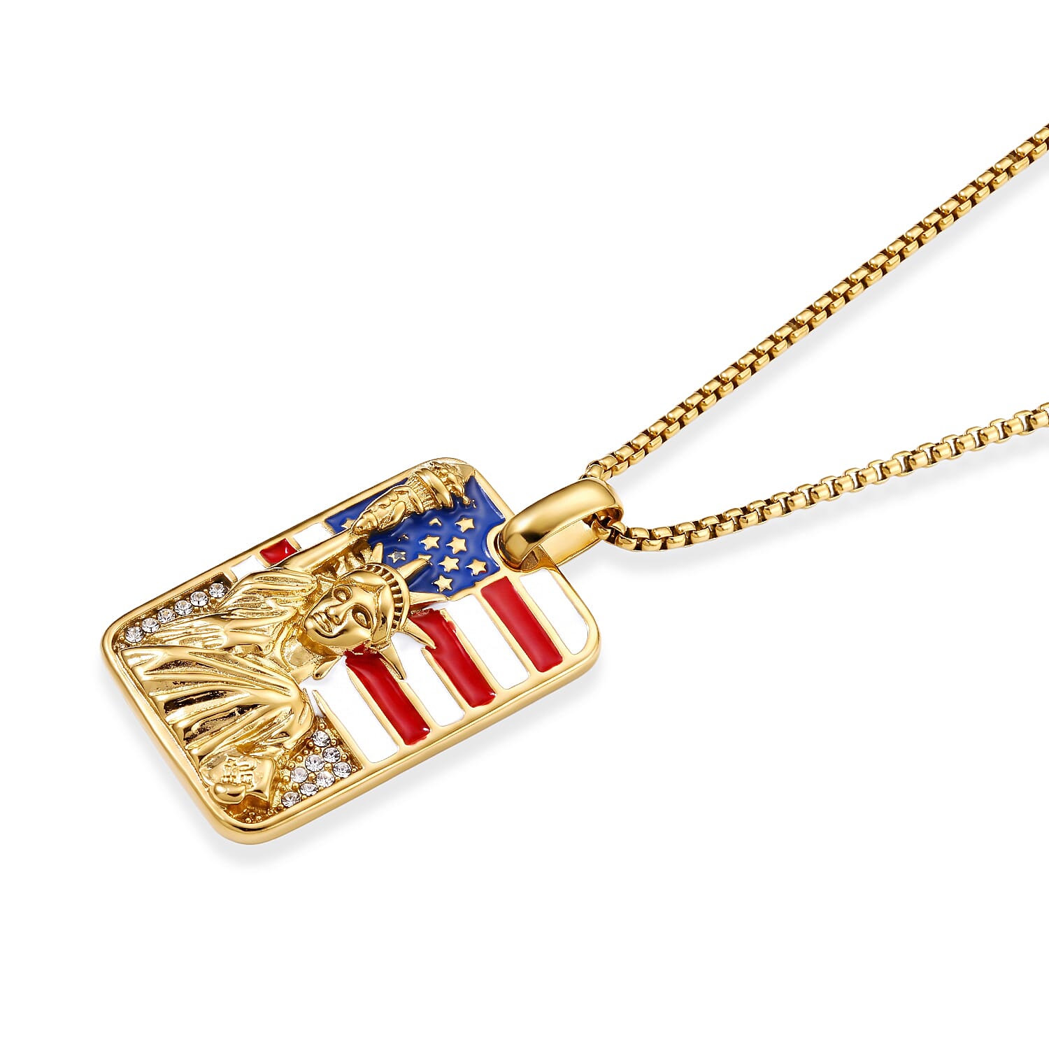Enamel and Austrian Crystal Statue of Liberty with Statue of Liberty American Flag Pendant Necklace in ION Plated YG Stainless Steel 24 Inches