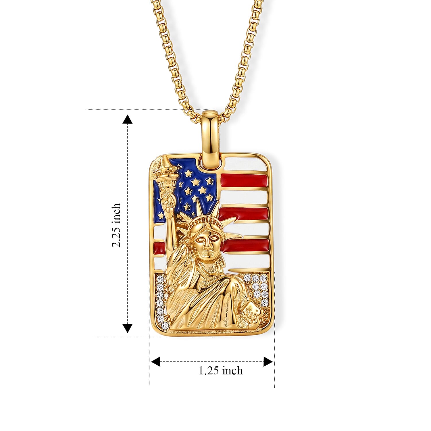 Enamel and Austrian Crystal Statue of Liberty with Statue of Liberty American Flag Pendant Necklace in ION Plated YG Stainless Steel 24 Inches