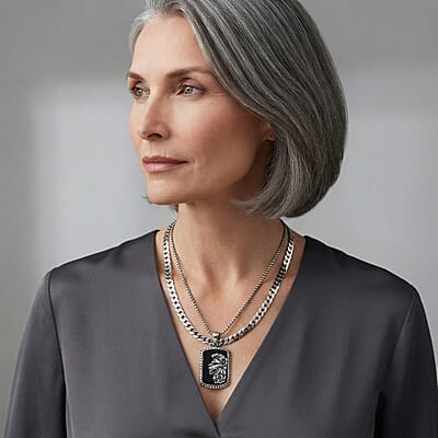 Black Agate 15.00 ctw Pendant Necklace (24 Inches) in Stainless Steel