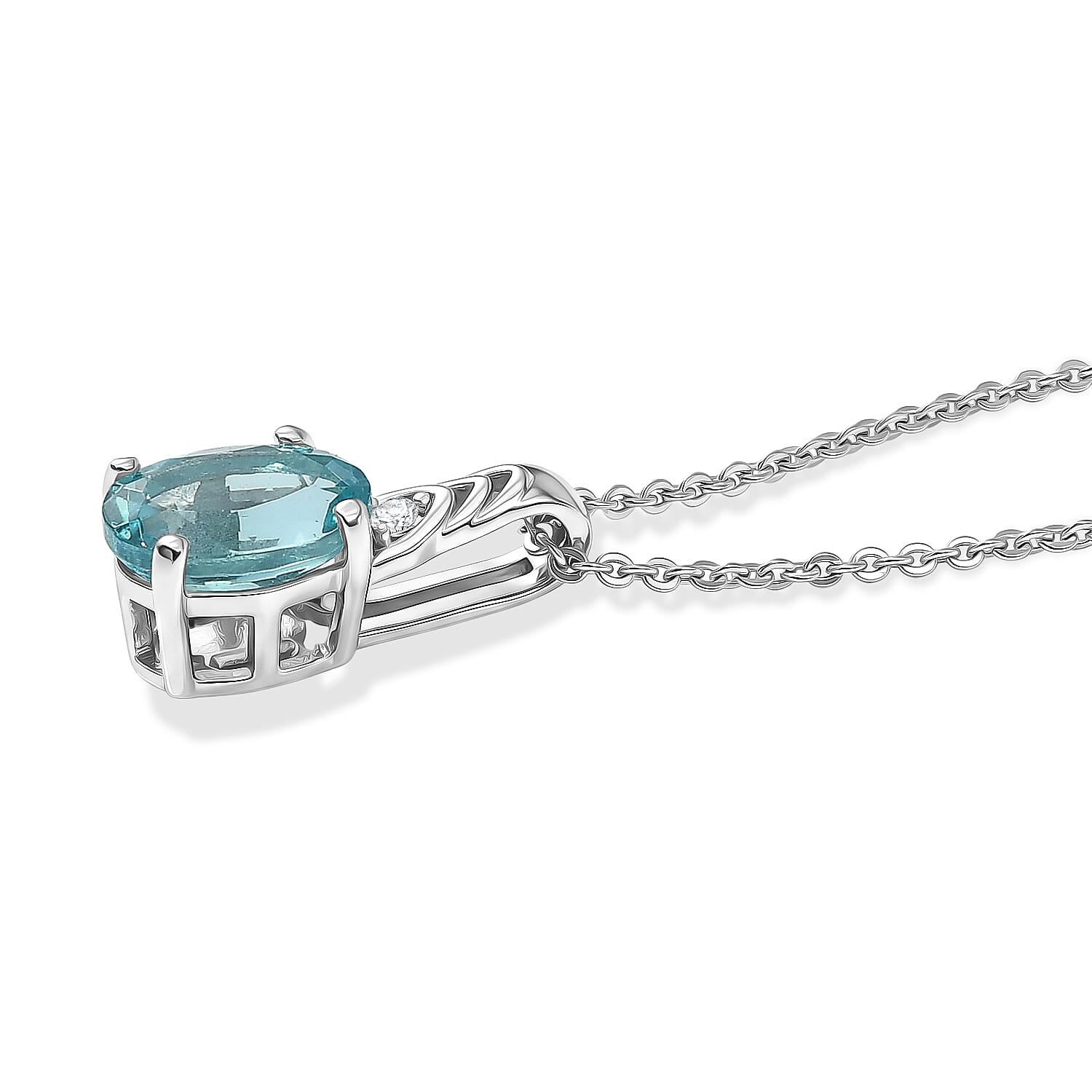 Premium Betroka Blue Apatite and Luxuriant Lab Grown Diamond (G-H, SI) 1.60 ctw Wave Pendant Necklace (20 Inches) in Rhodium Over Sterling Silver