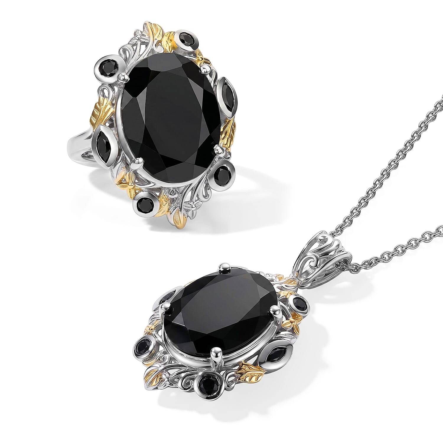 EverTrue Thai Black Spinel 22.50 ctw Set of 2 Ring (Size 5.0), Pendant in 18K YG Plated and Platinum Bond with Stainless Steel Necklace 20 Inches