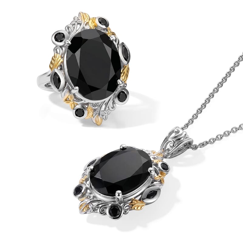 EverTrue Thai Black Spinel 22.50 ctw Set of 2 Ring (Size 5.0), Pendant in 18K YG Plated and Platinum Bond with Stainless Steel Necklace 20 Inches