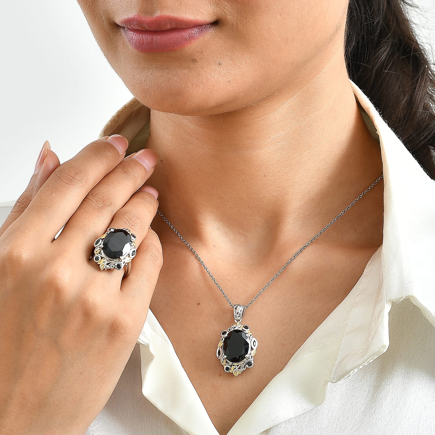 EverTrue Thai Black Spinel 22.50 ctw Set of 2 Ring (Size 5.0), Pendant in 18K YG Plated and Platinum Bond with Stainless Steel Necklace 20 Inches