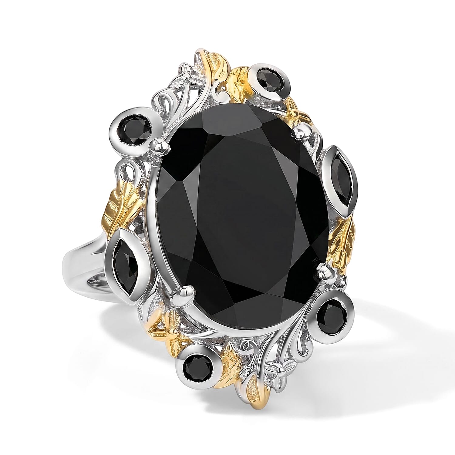 EverTrue Thai Black Spinel 22.50 ctw Set of 2 Ring (Size 5.0), Pendant in 18K YG Plated and Platinum Bond with Stainless Steel Necklace 20 Inches