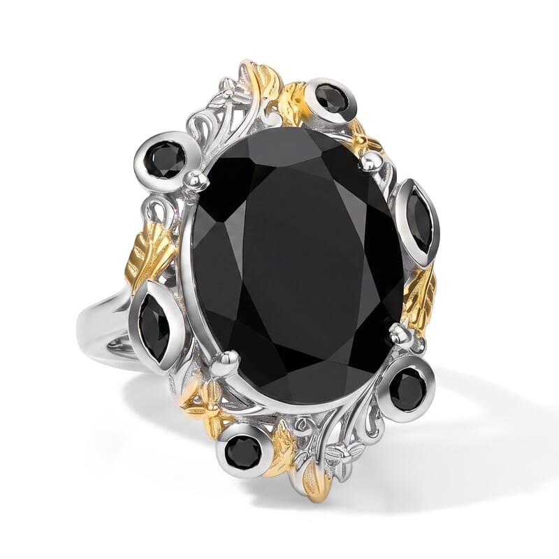 EverTrue Thai Black Spinel 22.50 ctw Set of 2 Ring (Size 5.0), Pendant in 18K YG Plated and Platinum Bond with Stainless Steel Necklace 20 Inches