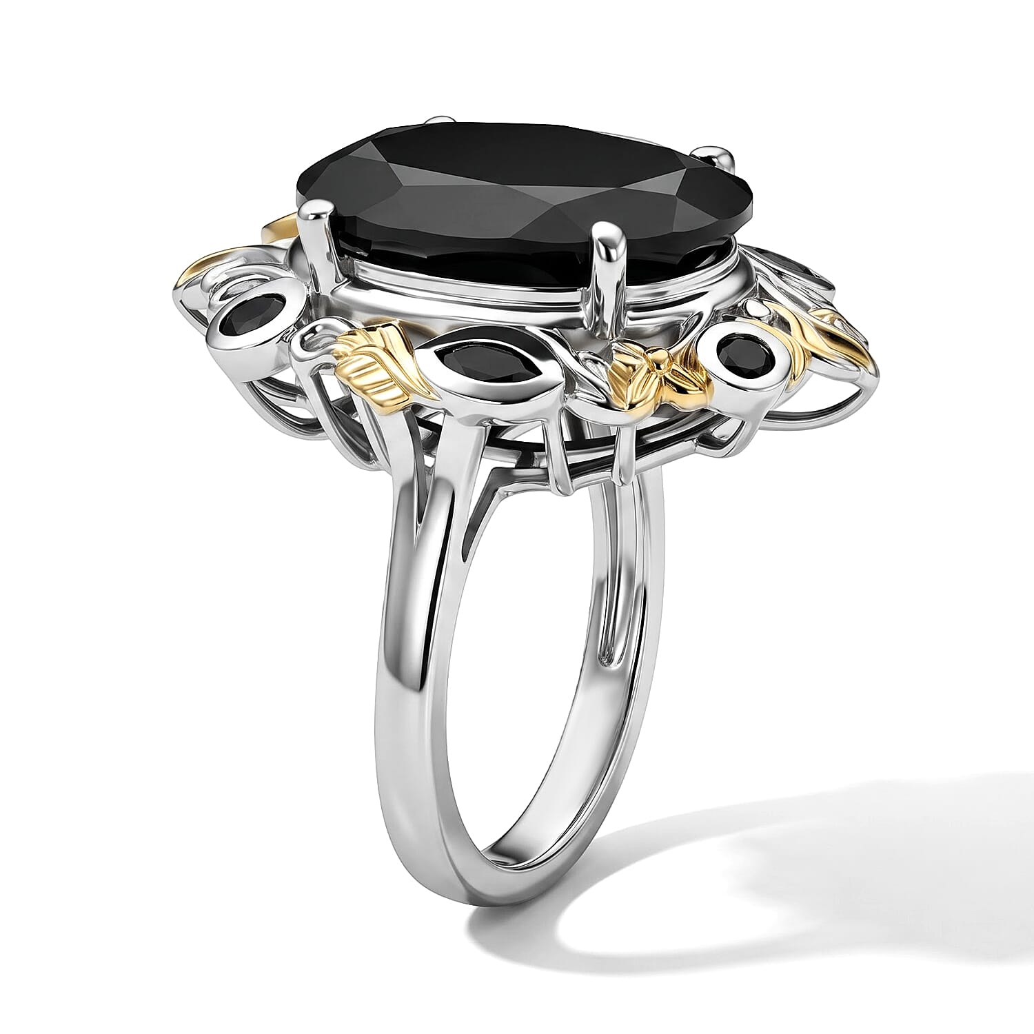 EverTrue Thai Black Spinel 22.50 ctw Set of 2 Ring (Size 5.0), Pendant in 18K YG Plated and Platinum Bond with Stainless Steel Necklace 20 Inches
