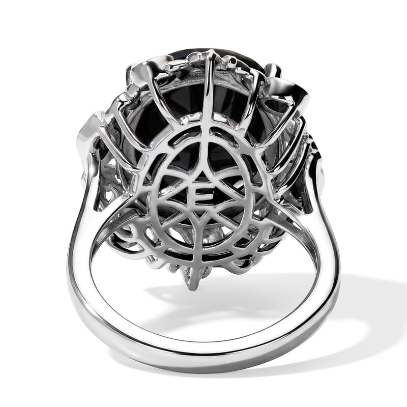 EverTrue Thai Black Spinel 22.50 ctw Set of 2 Ring (Size 5.0), Pendant in 18K YG Plated and Platinum Bond with Stainless Steel Necklace 20 Inches