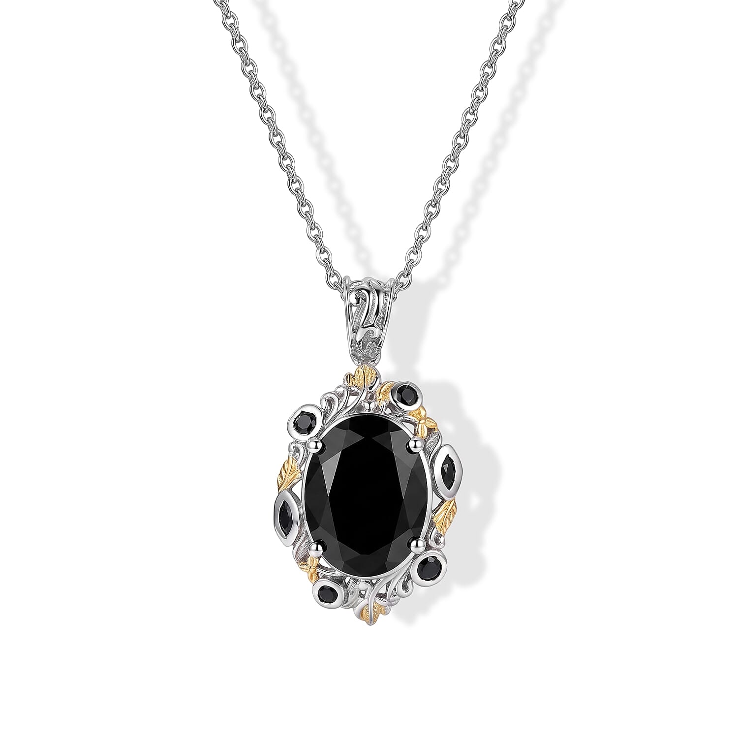 EverTrue Thai Black Spinel 22.50 ctw Set of 2 Ring (Size 5.0), Pendant in 18K YG Plated and Platinum Bond with Stainless Steel Necklace 20 Inches