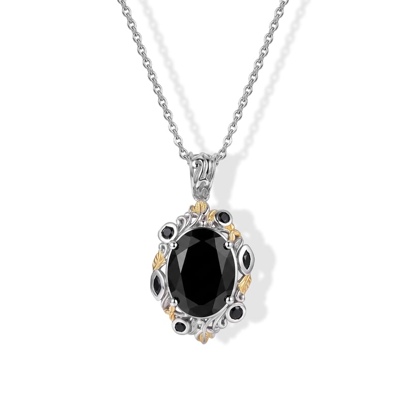 EverTrue Thai Black Spinel 22.50 ctw Set of 2 Ring (Size 5.0), Pendant in 18K YG Plated and Platinum Bond with Stainless Steel Necklace 20 Inches