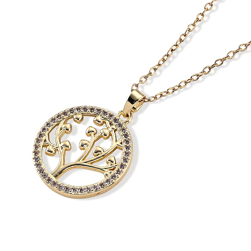 Simulated Diamond Pendant in Goldtone with ION Plated YG Stainless Steel Necklace 16-18 Inches
