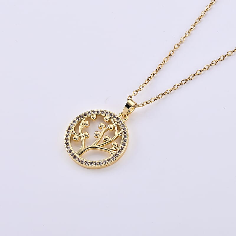Simulated Diamond Pendant in Goldtone with ION Plated YG Stainless Steel Necklace 16-18 Inches