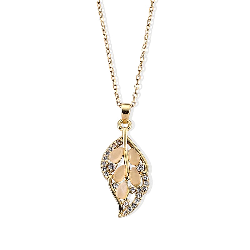 Lab Created White Cat's Eye and Simulated Diamond 4.00 ctw Pendant in Goldtone with ION Plated YG Stainless Steel Necklace 16-18 Inches
