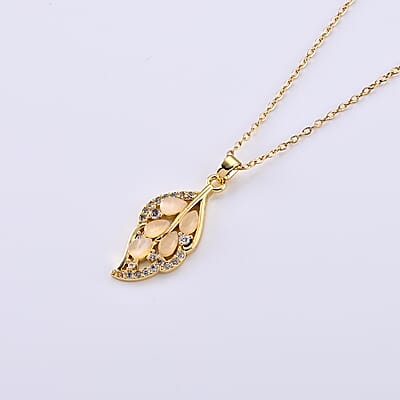 Lab Created White Cat's Eye and Simulated Diamond 4.00 ctw Pendant in Goldtone with ION Plated YG Stainless Steel Necklace 16-18 Inches