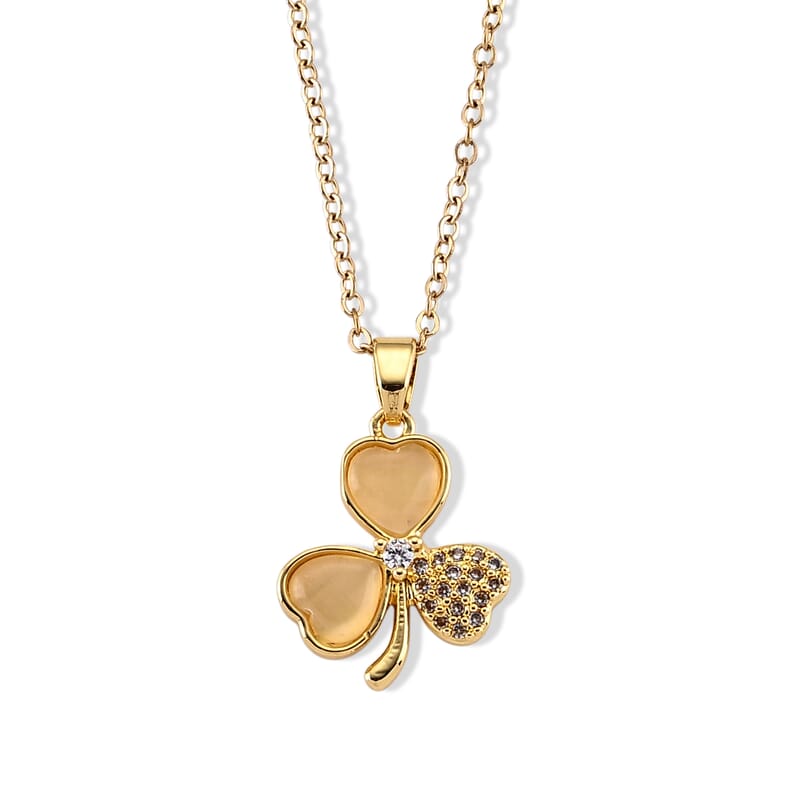 Lab Created White Cat's Eye and Simulated Diamond 3.00 ctw Pendant in Goldtone with ION Plated YG Stainless Steel Necklace 16-18 Inches