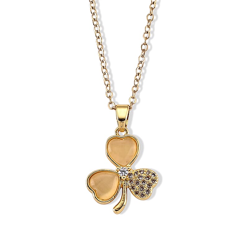Lab Created White Cat's Eye and Simulated Diamond 3.00 ctw Pendant in Goldtone with ION Plated YG Stainless Steel Necklace 16-18 Inches