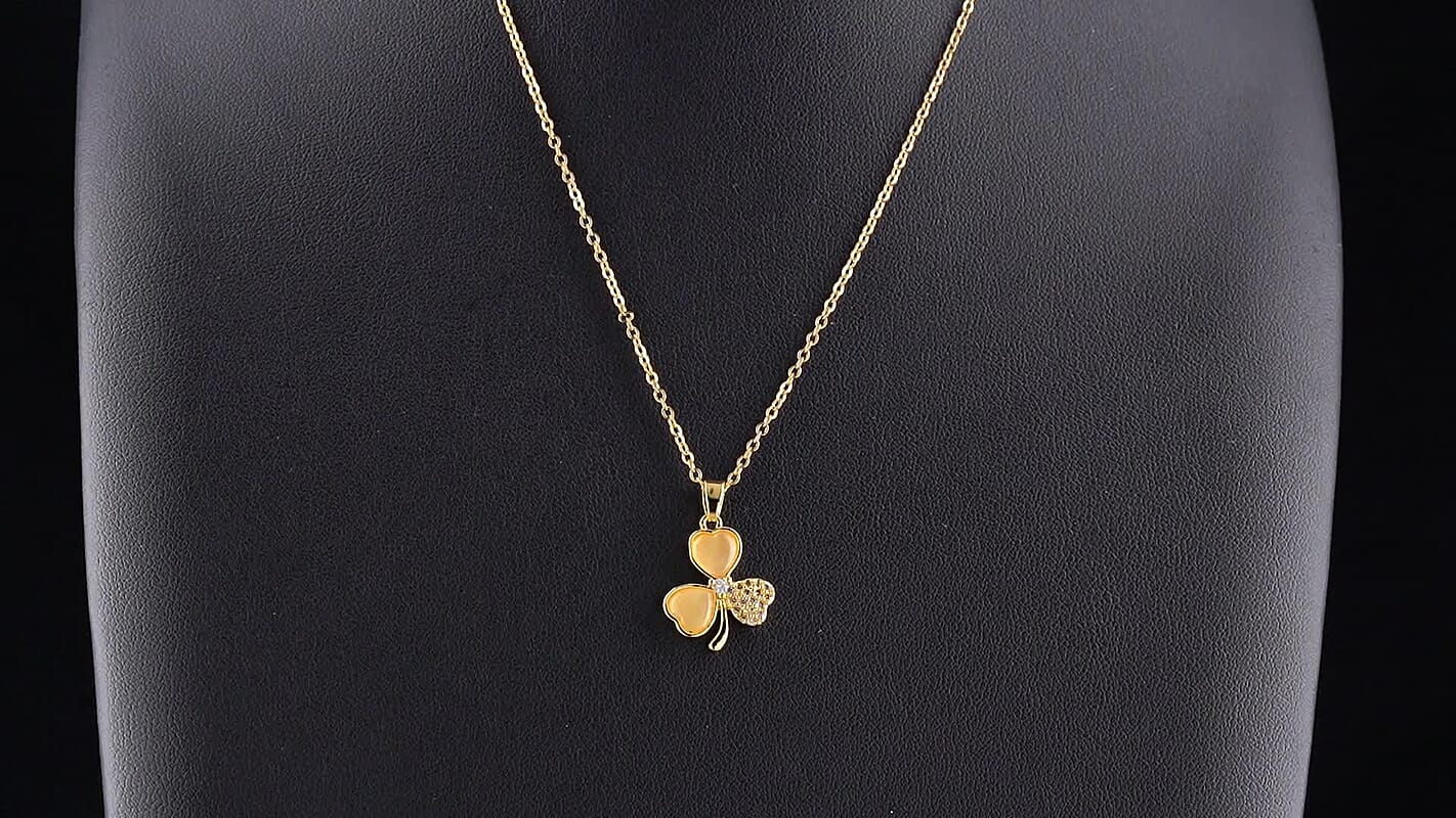 Lab Created White Cat''s Eye, Simulated Diamond Pendant in Goldtone with ION Plated YG Stainless Steel Necklace (16-18 Inches) 3.00 ctw