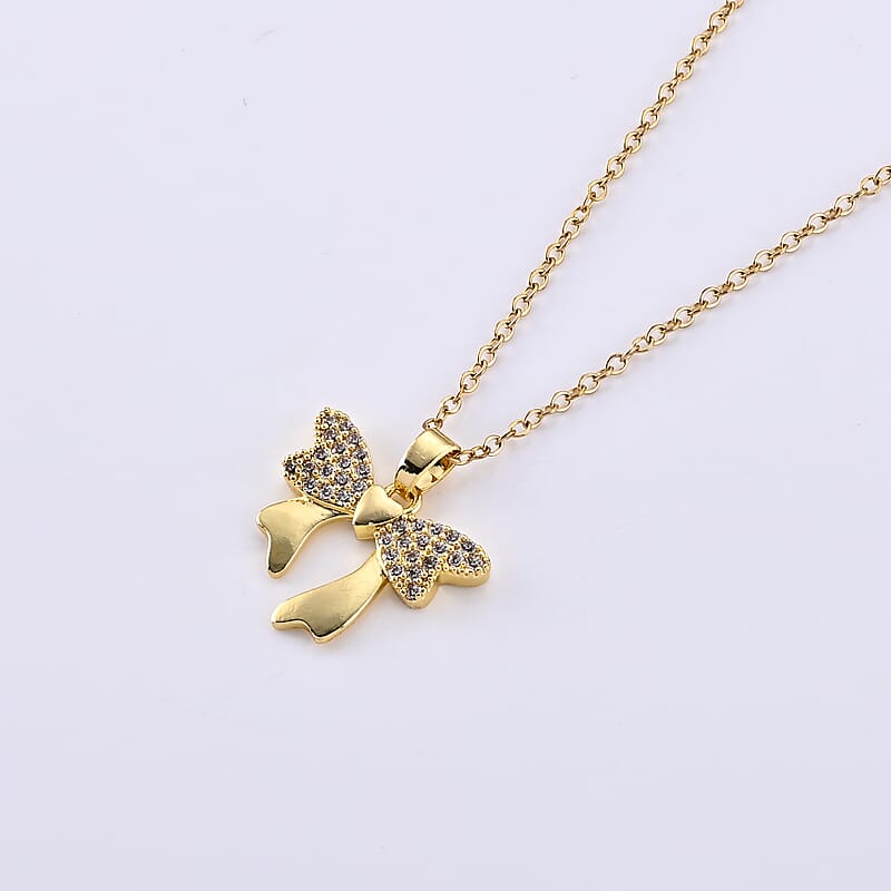 Simulated Diamond Pendant in Goldtone with ION Plated YG Stainless Steel Necklace 16-18 Inches