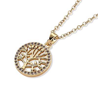 Simulated Diamond Pendant in Goldtone with ION Plated YG Stainless Steel Necklace 16-18 Inches
