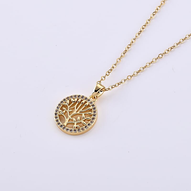 Simulated Diamond Pendant in Goldtone with ION Plated YG Stainless Steel Necklace 16-18 Inches