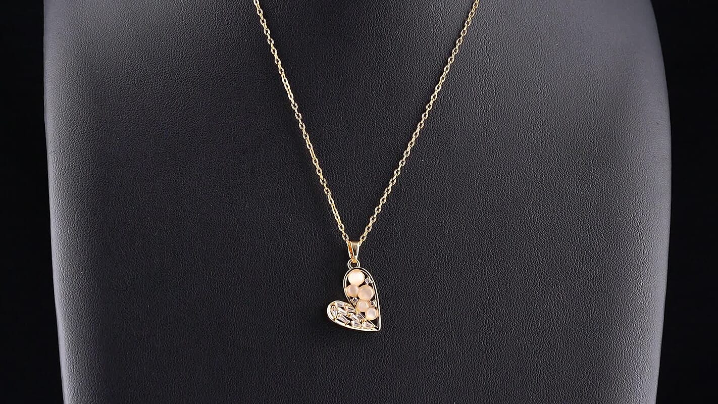 Lab Created White Cat''s Eye, Simulated Diamond Pendant in Goldtone with ION Plated YG Stainless Steel Necklace (16-18 Inches) 4.00 ctw 4494002