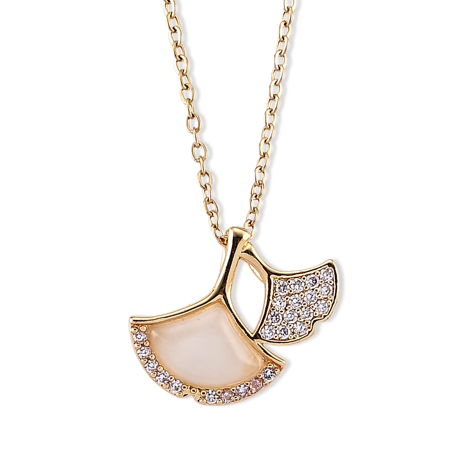 Lab Created White Cat's Eye and Simulated Diamond 3.00 ctw Pendant in Goldtone with ION Plated YG Stainless Steel Necklace 16-18 Inches