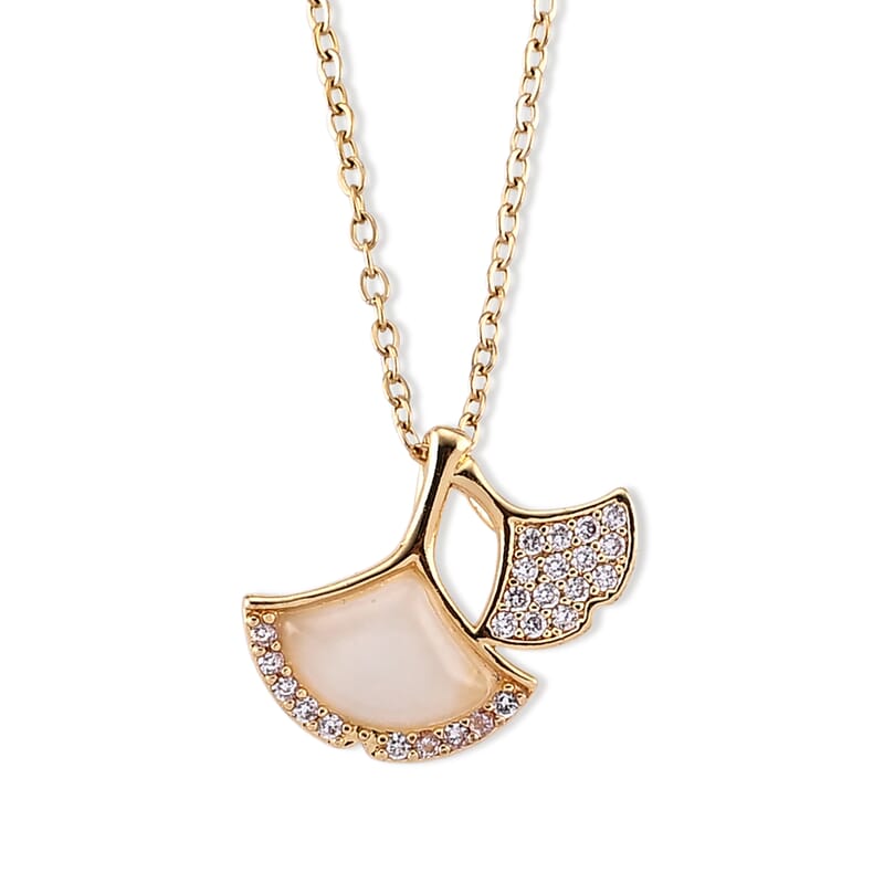 Lab Created White Cat's Eye and Simulated Diamond 3.00 ctw Pendant in Goldtone with ION Plated YG Stainless Steel Necklace 16-18 Inches