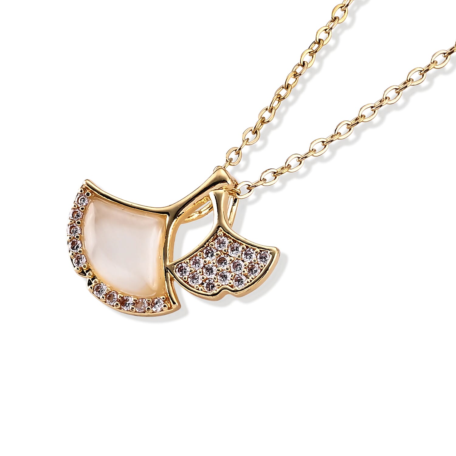 Lab Created White Cat's Eye and Simulated Diamond 3.00 ctw Pendant in Goldtone with ION Plated YG Stainless Steel Necklace 16-18 Inches