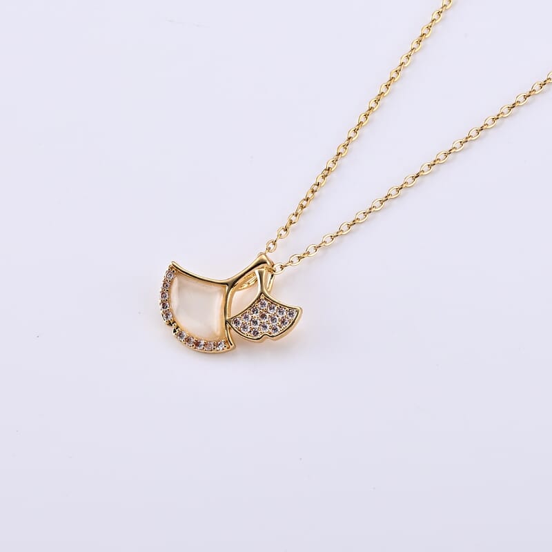 Lab Created White Cat's Eye and Simulated Diamond 3.00 ctw Pendant in Goldtone with ION Plated YG Stainless Steel Necklace 16-18 Inches