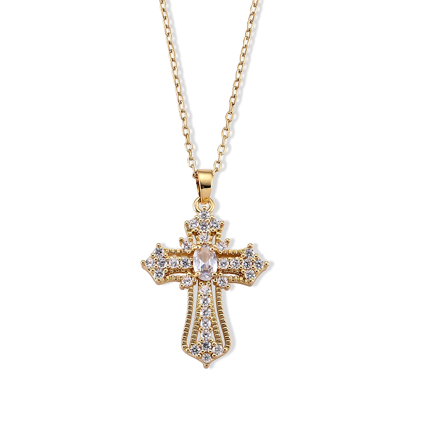 Simulated Diamond Pendant in Goldtone with ION Plated YG Stainless Steel Necklace 16-18 Inches